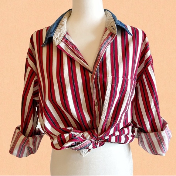 Vintage 90’s wrangler striped shirt denim collar - Picture 2 of 6